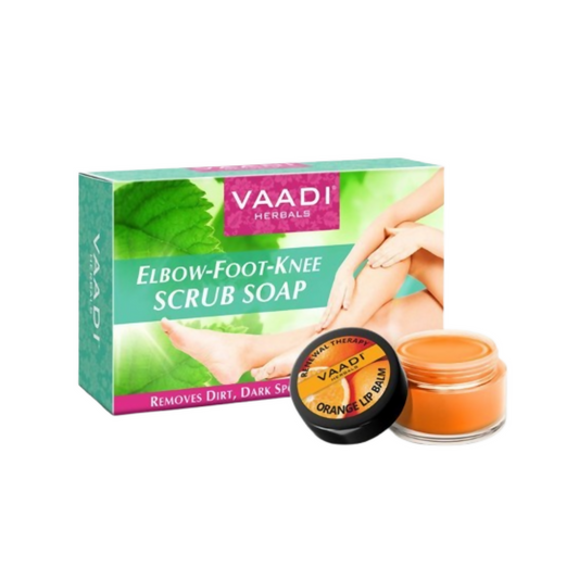 Vaadi Herbals Elbow Foot Knee Scrub Soap & Orange Lip Balm Combo