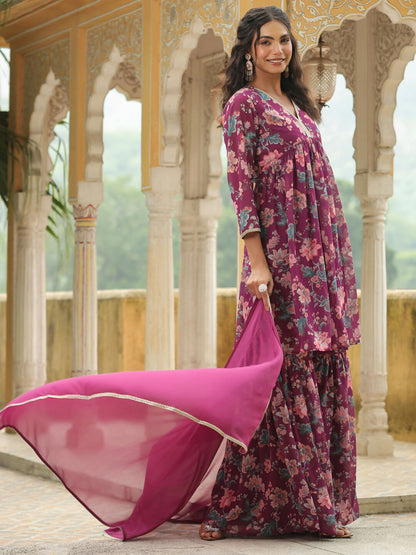 Janasya Purple Georgette Floral Kurta,Bottom & Dupatta