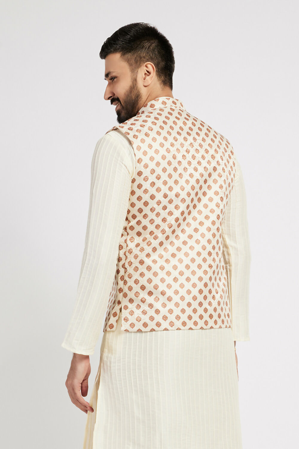 Ethnic India Cream Bundi Men's Jacket Geometric Polyester