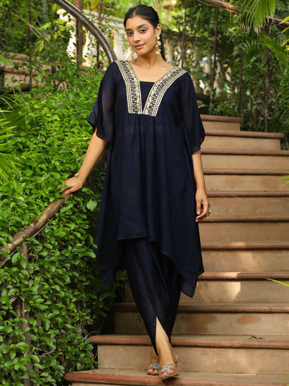 Janasya Navy Blue Silk Blend Yoke Embroidery Co-Ords