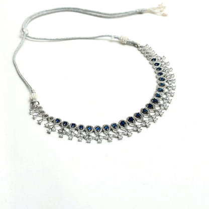 Mominos Fashion Johar Kamal Silver-Plated American Diamond Silver Blue Choker Set