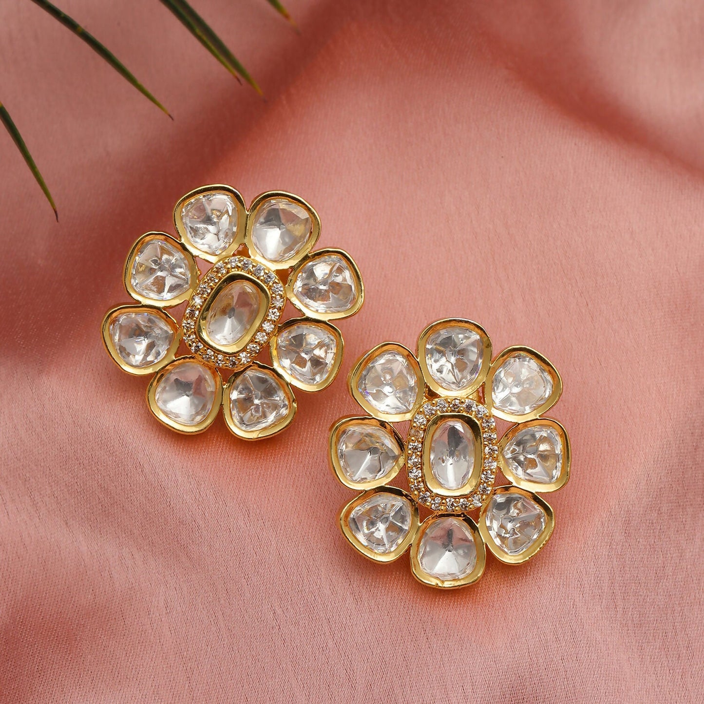 Oversized Round Kundan Studs (Gold) - Ruby Raang