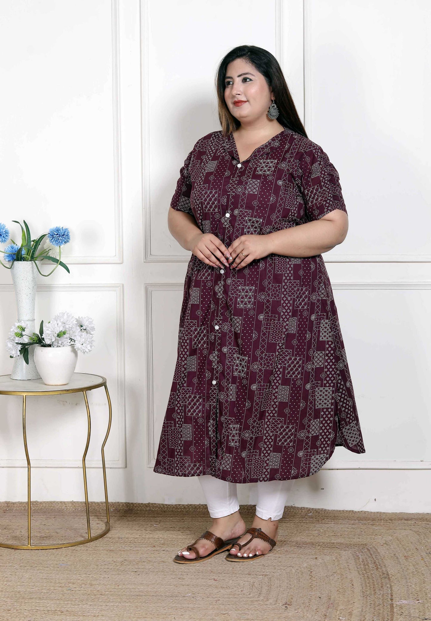 Miravan Women's Plus Size Wine Mandarin Neck Floral Printed A-Line Party wear Kurta