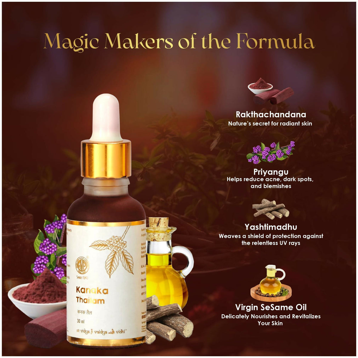 AVP Ayurveda Kanaka Thailam Day Serum Infused with Beauty Berry and Sandalwood, Ayurvedic Herbal Face Oil