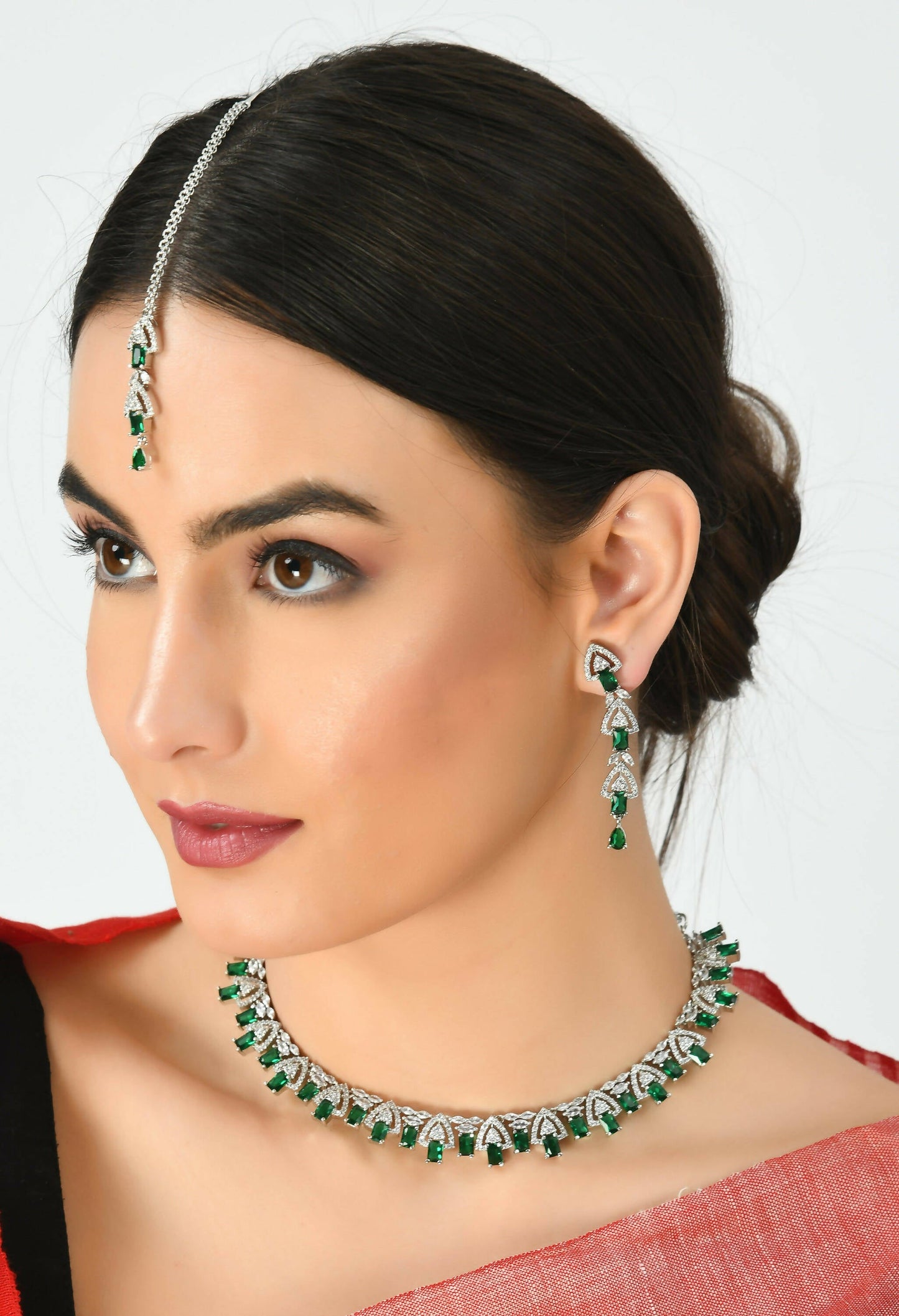 Mominos Fashion Johar Kamal Silver-Plated American Diamond Green Choker Set