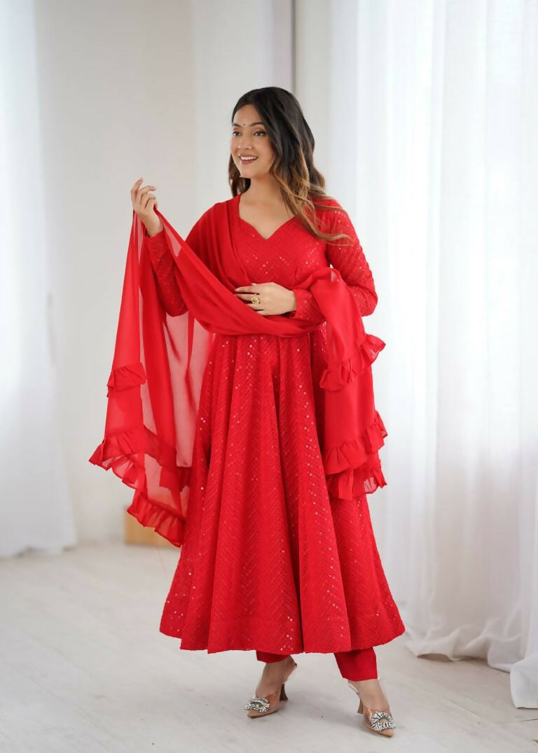 Teeya Creation Red Color Heavy Embroidery Work Georgette Fabric Wedding Wear Gown