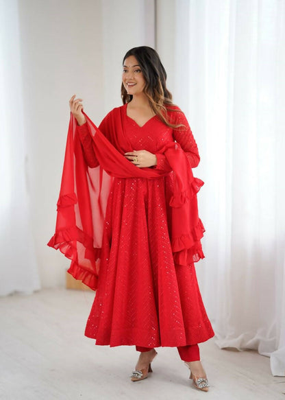 Teeya Creation Red Color Heavy Embroidery Work Georgette Fabric Wedding Wear Gown