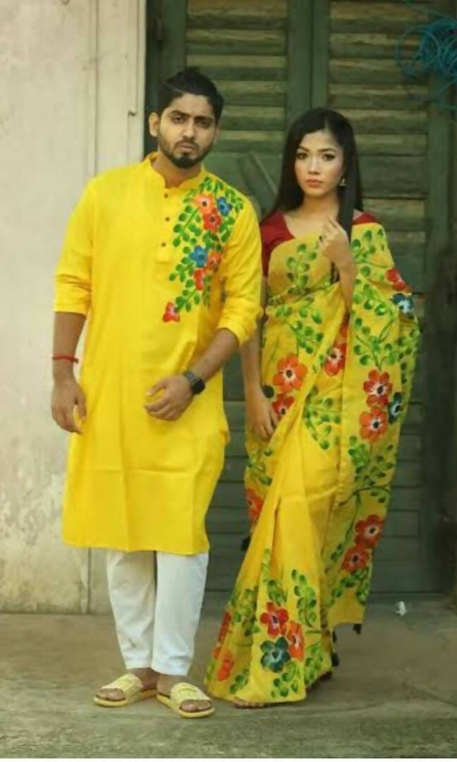 Exclusive Collection Elegant Hand Printing Designe On Pure Cotton Saree And Men's Kurta - Yellow