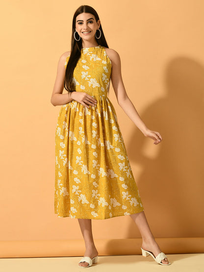 Myshka Women's Yellow Fit and Flare Party Dress