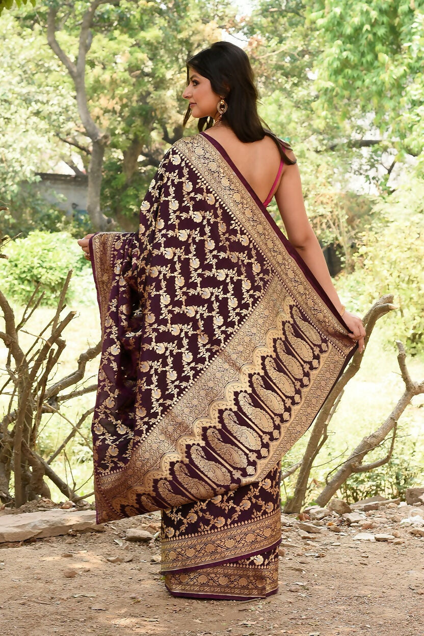 Joban Fashion Plum Purple Banarasi Soft Pure Handloom Banarasi Silk Saree