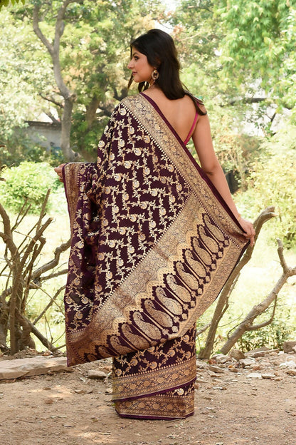 Joban Fashion Plum Purple Banarasi Soft Pure Handloom Banarasi Silk Saree