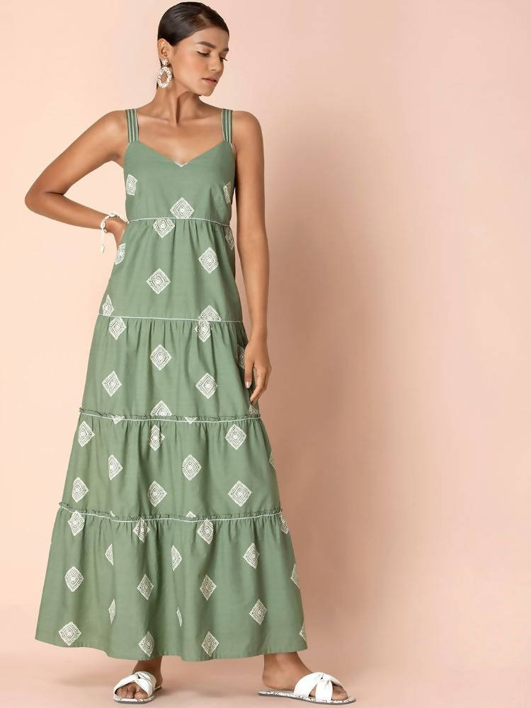 Indya Green Tribal Tiered Maxi Dress
