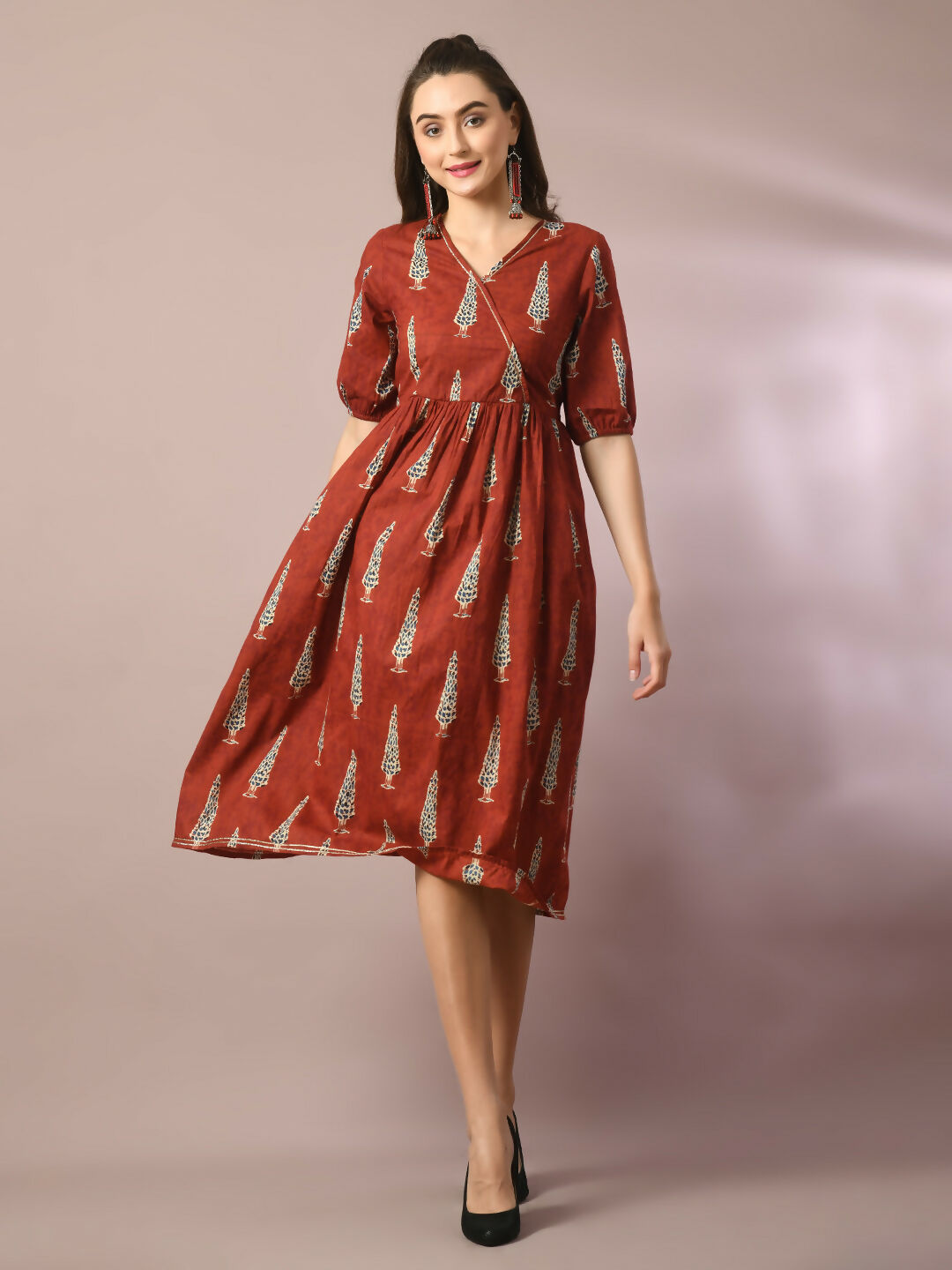 Myshka Women's Rust Printed Cotton V-Neck Empire Party Dress