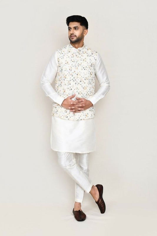 Joban Fashion Cream Colored Cotton Based With Thread Work Work Men's Jacket