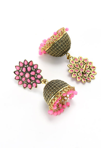 Mominos Fashion Johar Kamal Beautiful Kundan Work Jhumka With Baby Pink Beads