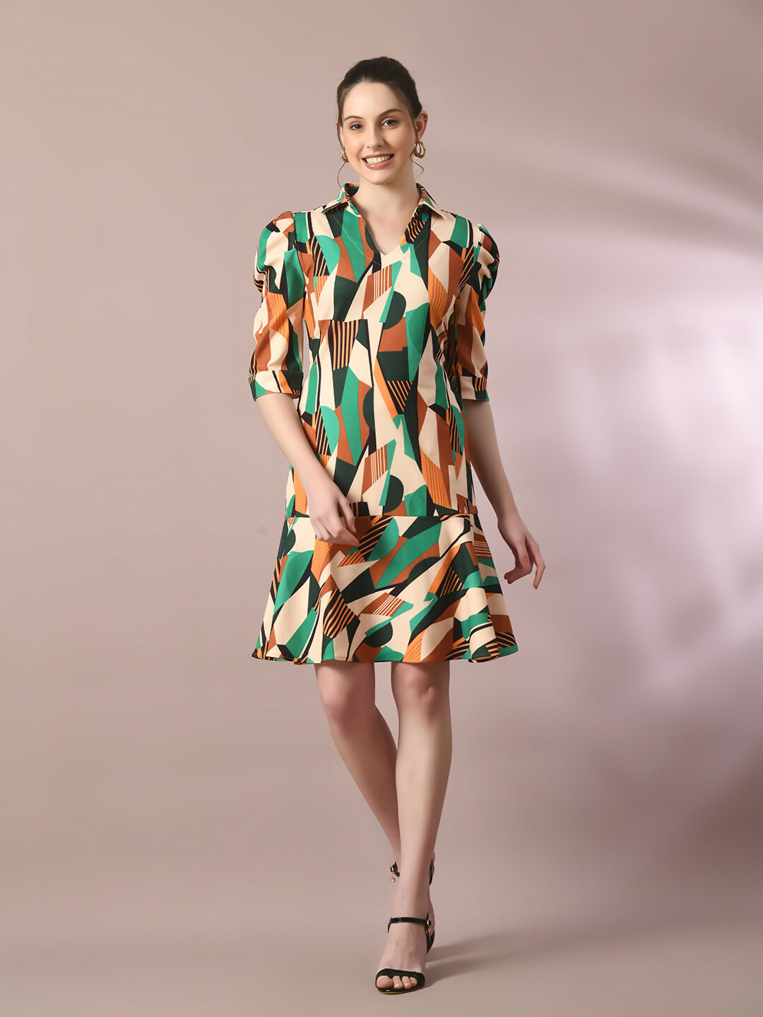 Myshka Women's Multi Printed Shirt Collar Fit and Flare Party Dress