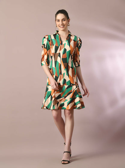 Myshka Women's Multi Printed Shirt Collar Fit and Flare Party Dress