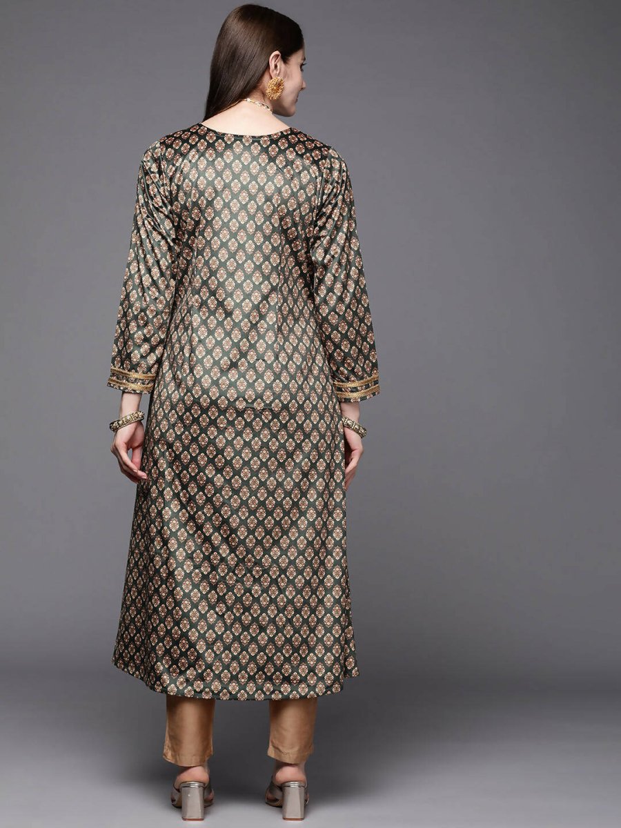 Ahalyaa Women Green & Cream-Coloured Floral Printed Velvet Kurta