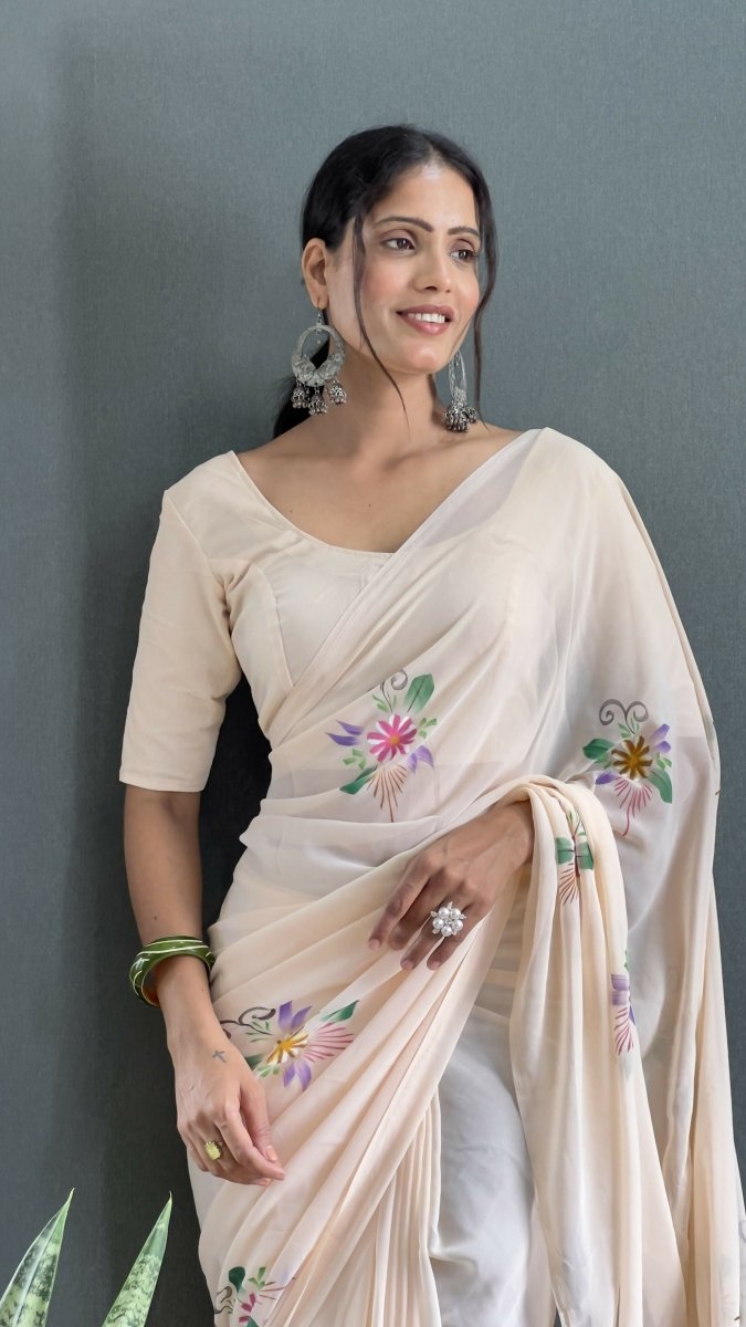 Aayaa Designer 1 min Hand Painted Ready to Wear saree - Off White
