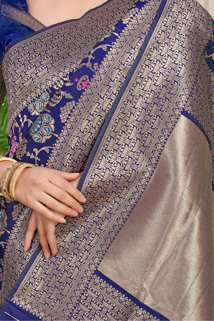 Jyoti Fashion Women's Navy Blue Kanjivaram Silk Zari Woven Saree with Blouse