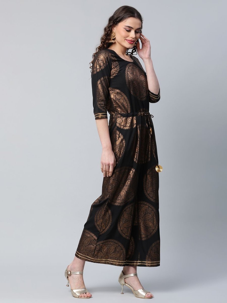 Ahalyaa Black Crepe Copper Foil Printed Jumpsuit