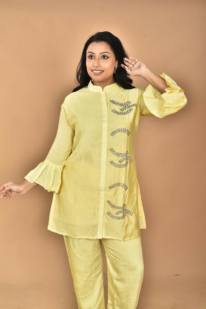 Morchari Women Hand Embroidery Co-Ords-Yellow