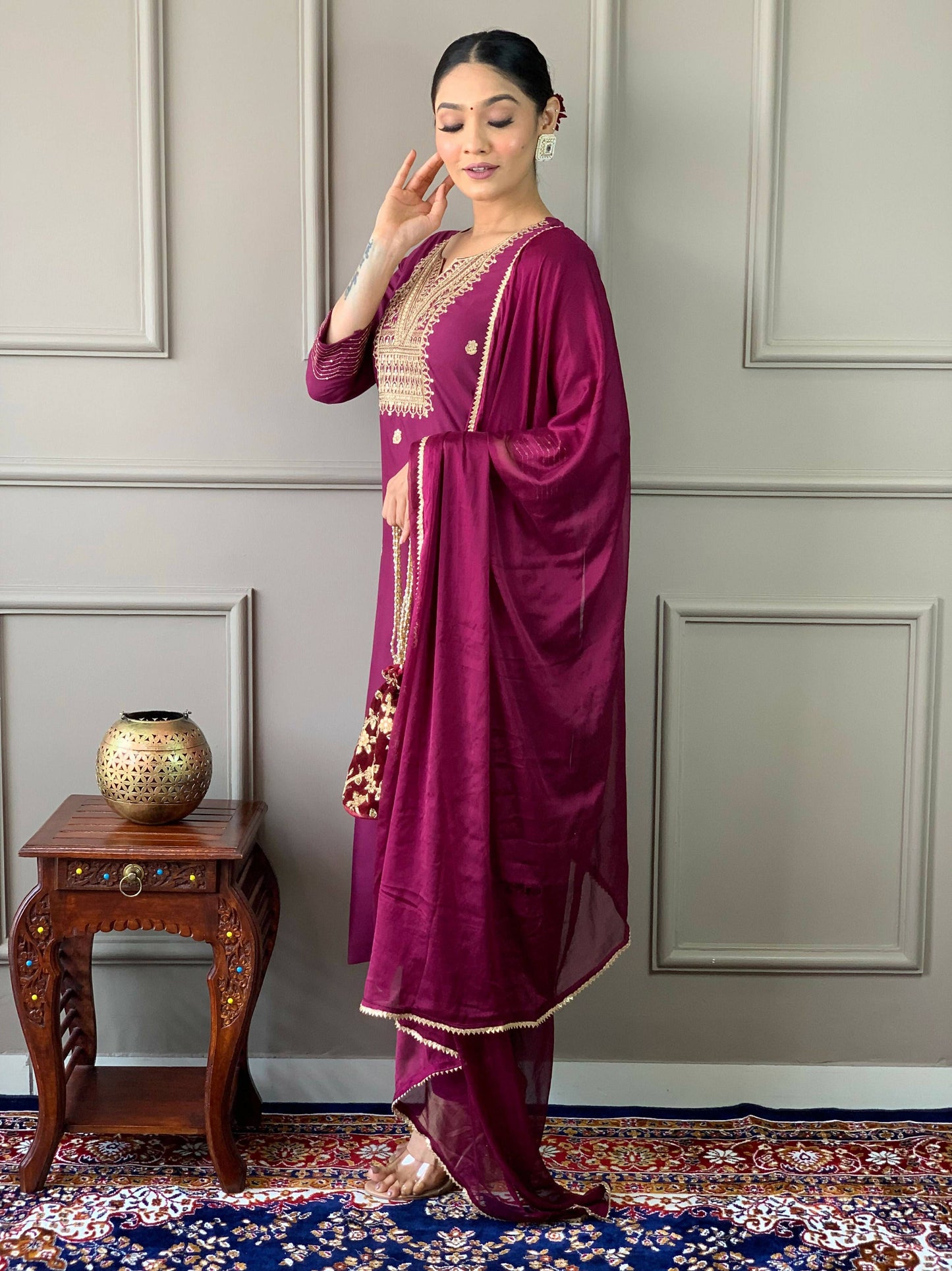 Partywear Designer Rayon Slub Wine Stitched Suit With Dupatta - Tanisha