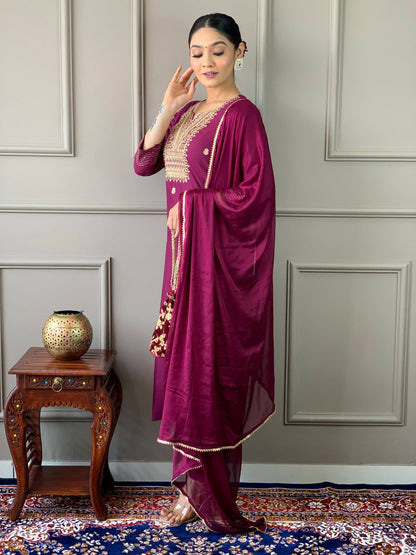 Partywear Designer Rayon Slub Wine Stitched Suit With Dupatta - Tanisha