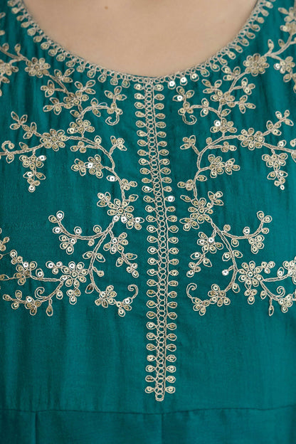 The52 Rama Women's Beautiful Vichitra Silk Fabric Embroidered Work Flared Anarkali Pant and Dupatta Set