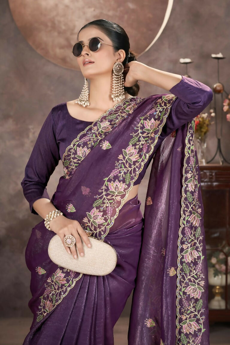 Vastranavya Gold Crunchy Multi Colour Threads Embroidery Work with Sequins Work Saree with Blouse material - Purple
