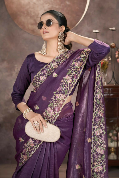 Vastranavya Gold Crunchy Multi Colour Threads Embroidery Work with Sequins Work Saree with Blouse material - Purple