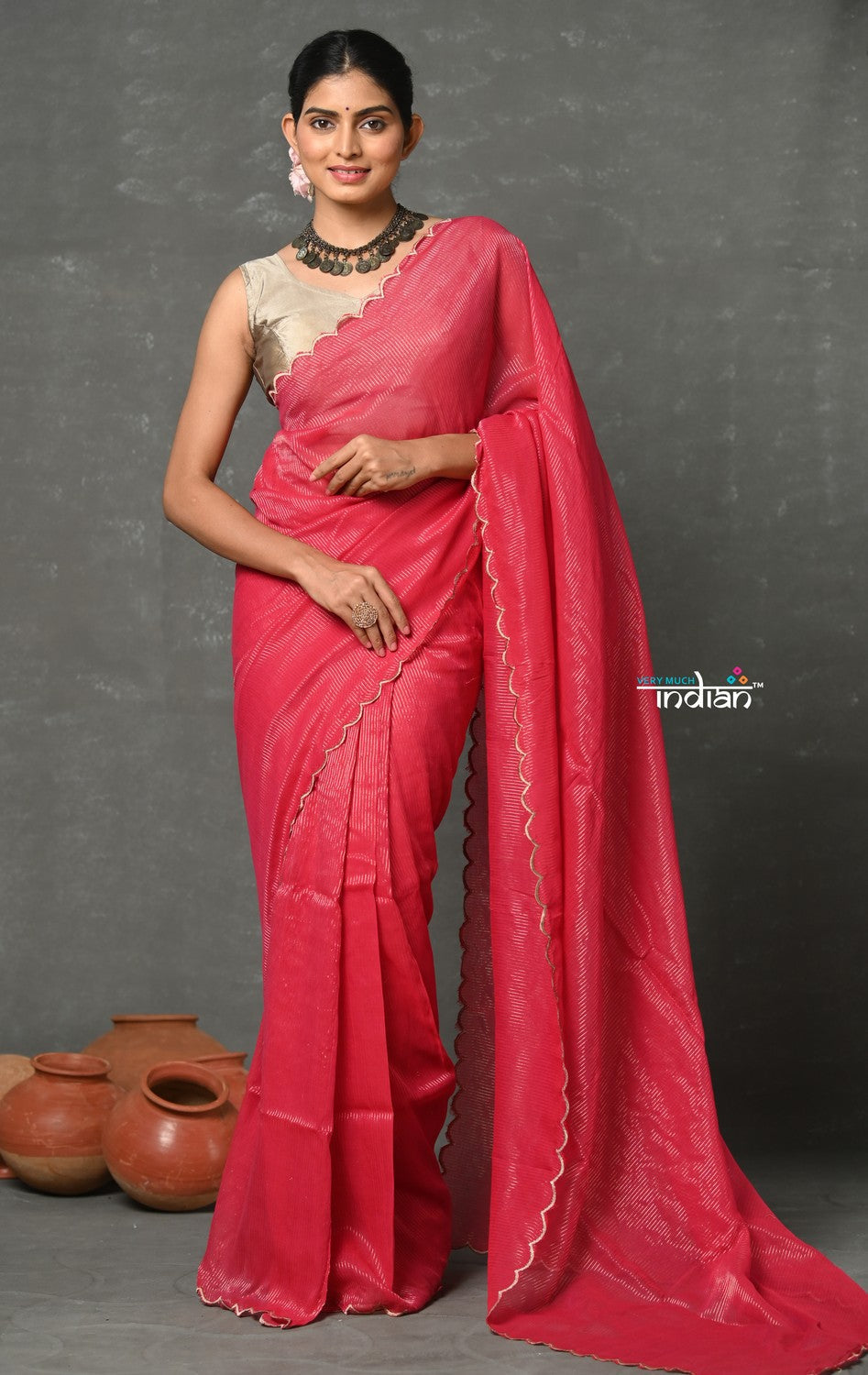 Very Much Indian Mul Cotton Zari Design Handloom Woven Saree - Rani Pink