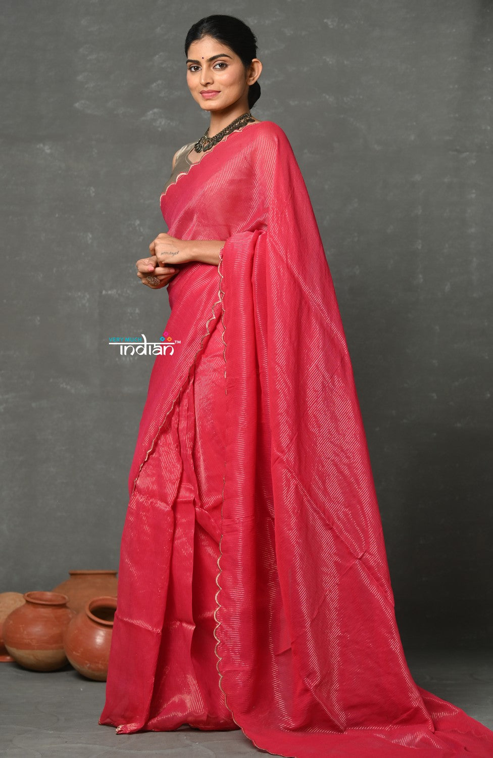 Very Much Indian Mul Cotton Zari Design Handloom Woven Saree - Rani Pink