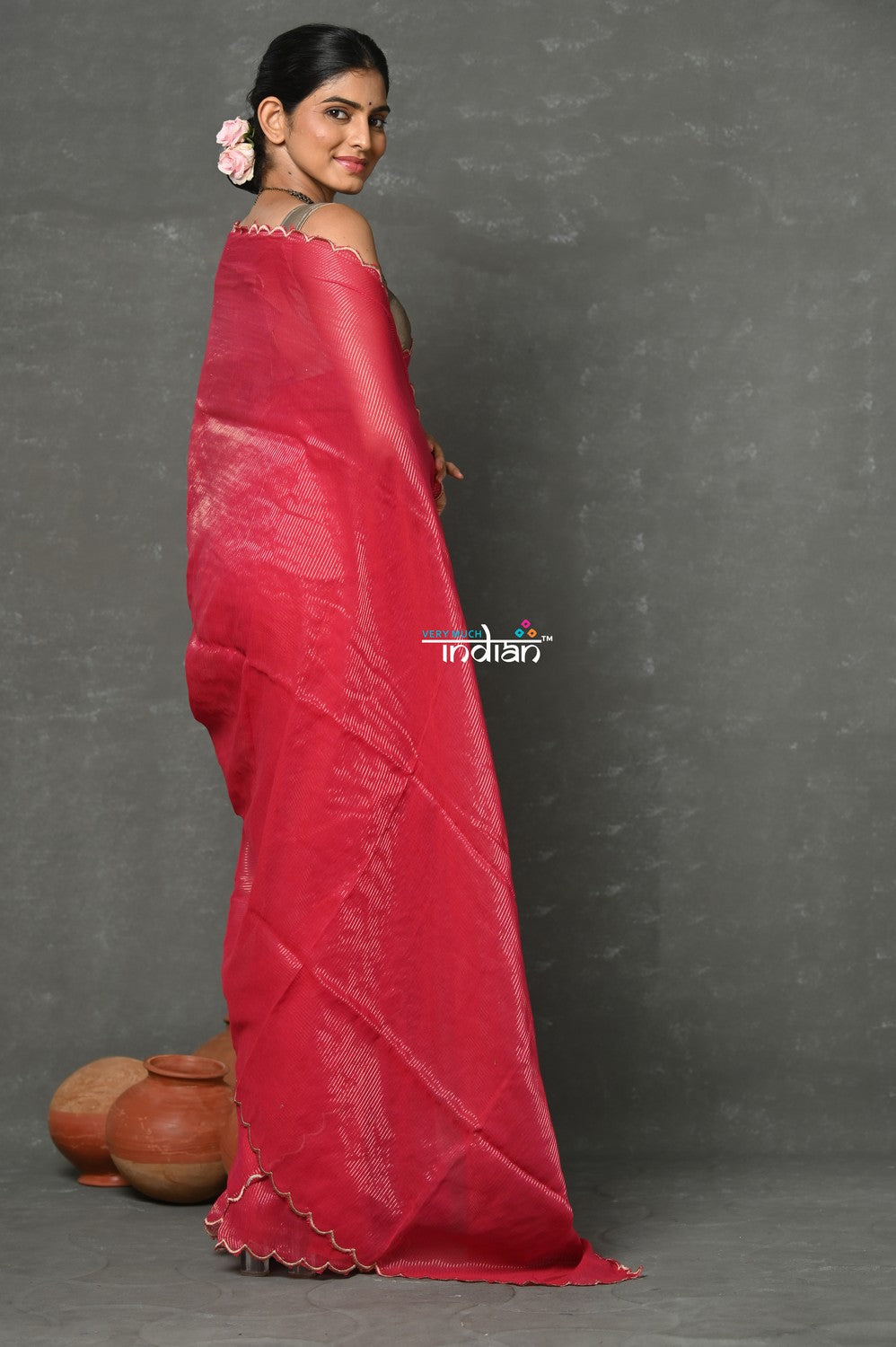Very Much Indian Mul Cotton Zari Design Handloom Woven Saree - Rani Pink
