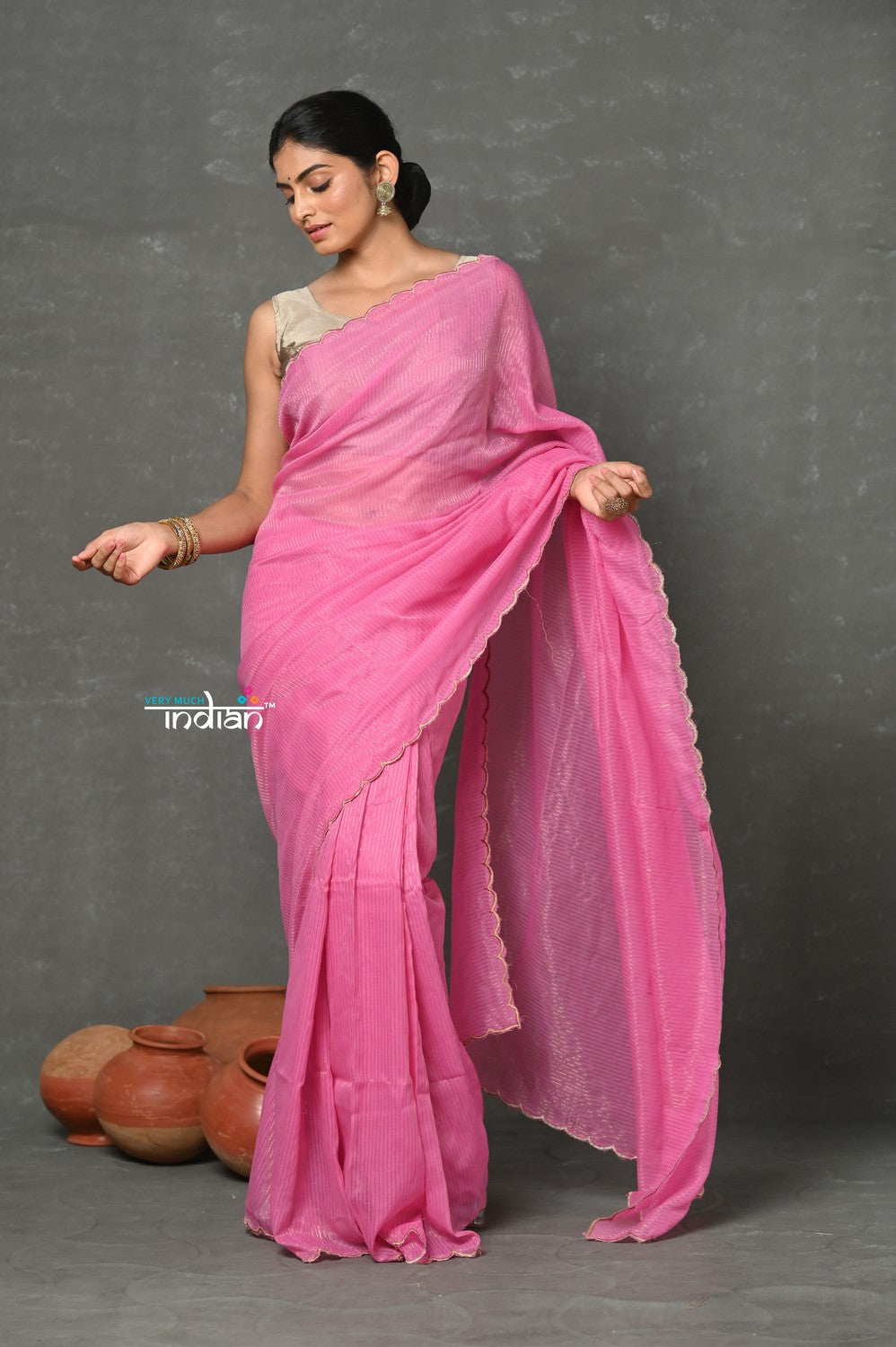 Very Much Indian Mul Cotton Zari Design Handloom Woven Saree - Heather Pink
