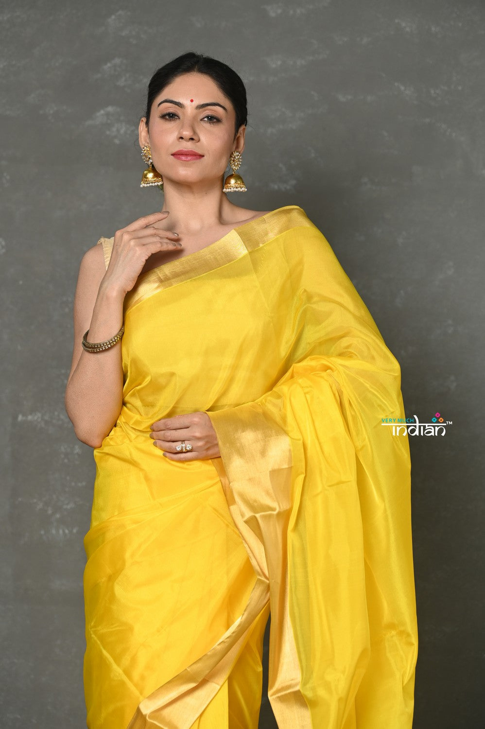 Very Much Indian Handloom Pure Cotton Silk Saree With Golden Border - Yellow