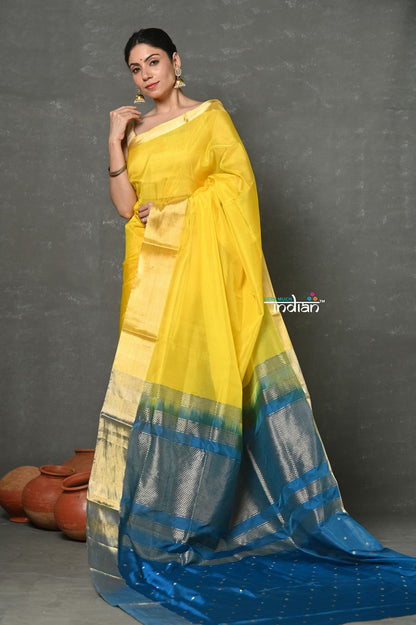 Very Much Indian Handloom Pure Cotton Silk Saree With Golden Border - Yellow
