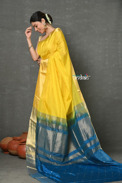 Very Much Indian Handloom Pure Cotton Silk Saree With Golden Border - Yellow