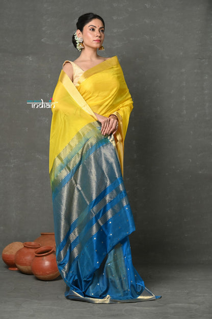 Very Much Indian Handloom Pure Cotton Silk Saree With Golden Border - Yellow