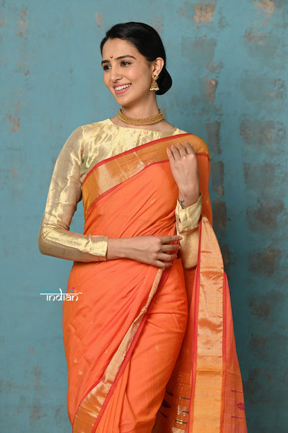 Very Much Indian Tyohaar - Handloom Pure Cotton Paithani With Asawali Pallu - Serene Orange