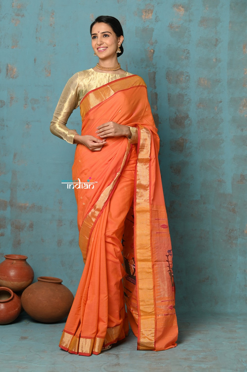 Very Much Indian Tyohaar - Handloom Pure Cotton Paithani With Asawali Pallu - Serene Orange