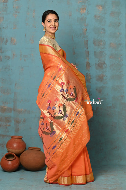 Very Much Indian Tyohaar - Handloom Pure Cotton Paithani With Asawali Pallu - Serene Orange