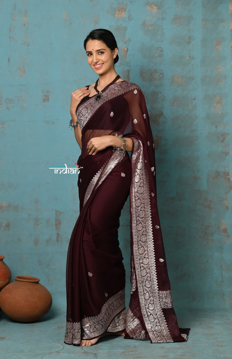 Very Much Indian Suhaani - Handloom Khaddi Georgette Saree With Sleek Border - Maroon (Silk Mark)