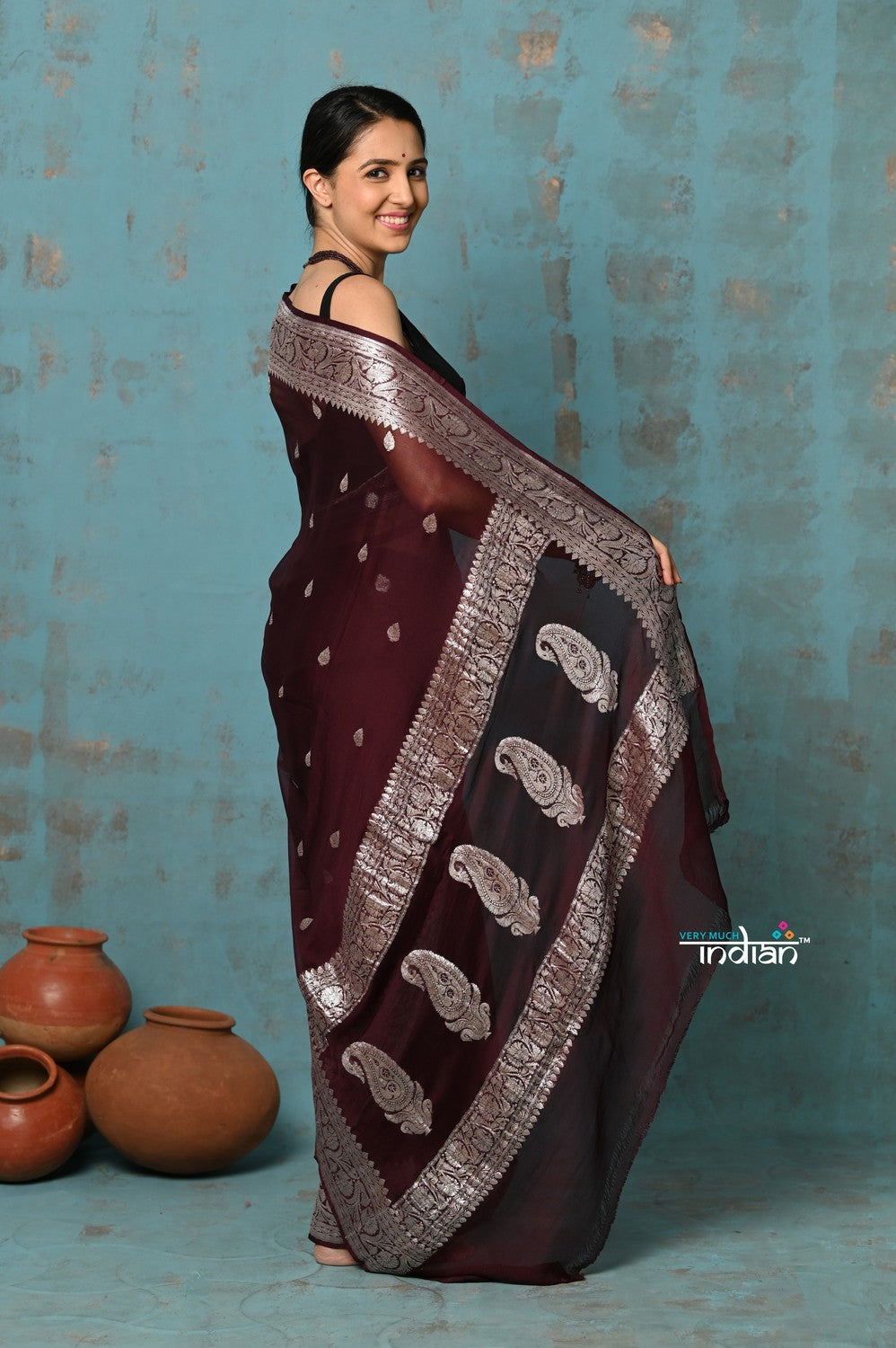 Very Much Indian Suhaani - Handloom Khaddi Georgette Saree With Sleek Border - Maroon (Silk Mark)