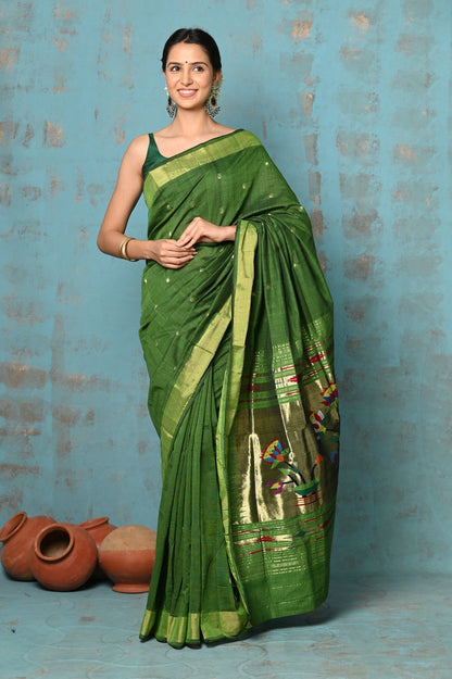 Very Much Indian Tyohaar - Handloom Pure Cotton Paithani With Lotus Pallu - Leaf Green