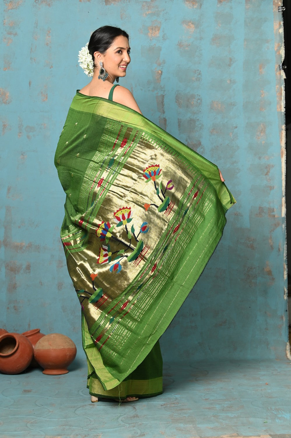Very Much Indian Tyohaar - Handloom Pure Cotton Paithani With Lotus Pallu - Leaf Green
