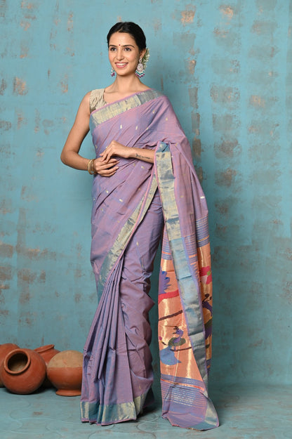 Very Much Indian Tyohaar - Handloom Pure Cotton Paithani With Parrot Peacock Pallu- Dual Tone Sky Blue & Purple