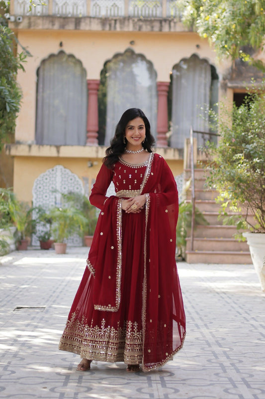 Joban Fashion Maroon Georgette Sequence Embroidery Work Kurta Set