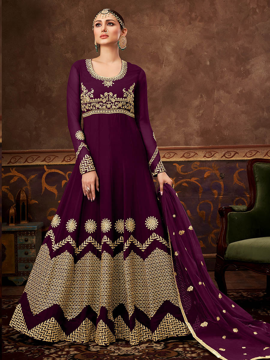Myra Wine Real Georgette Embroidered Anarkali Suit (HO1103)