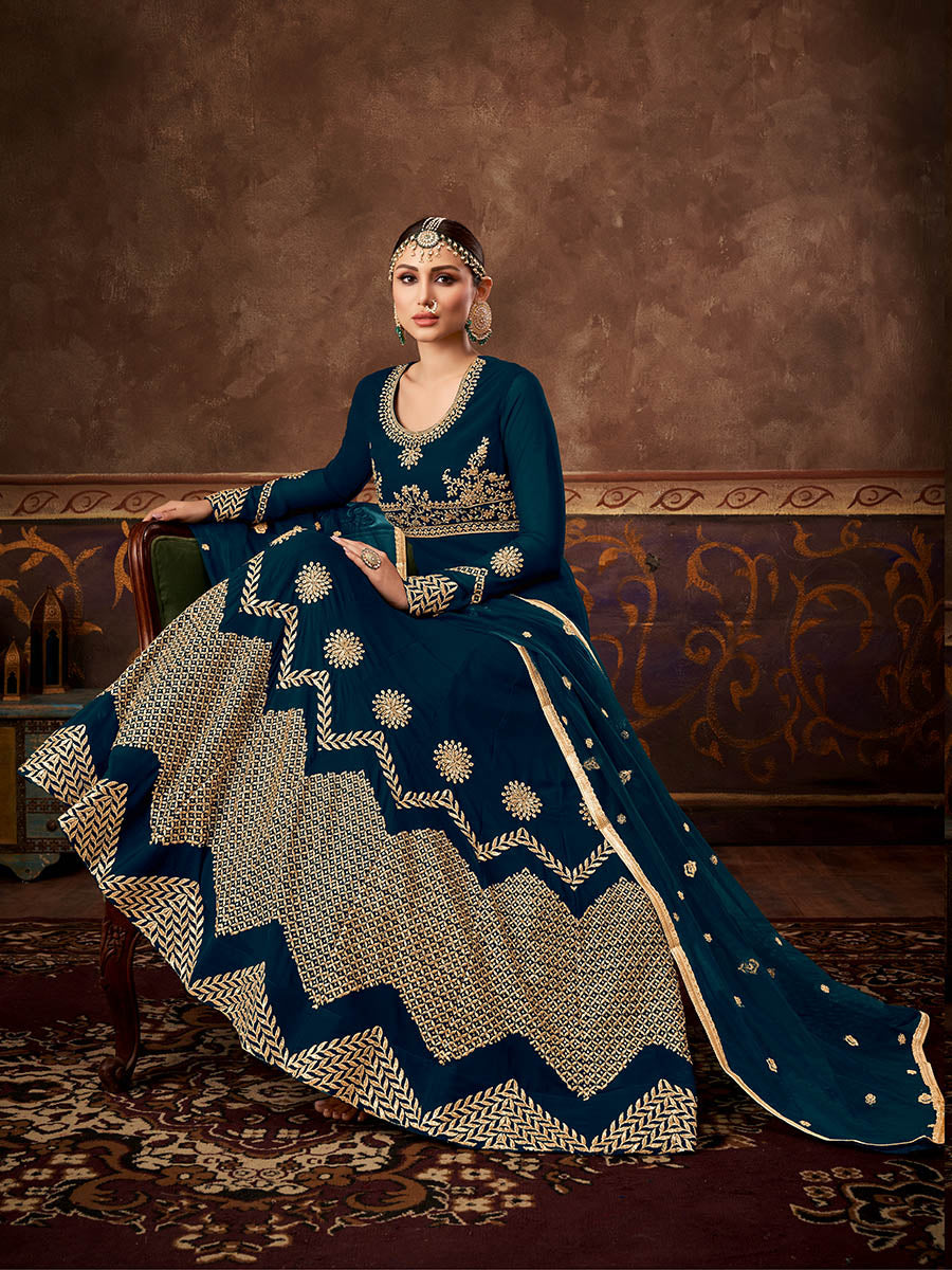 Myra Rama Green Real Georgette Embroidered Anarkali Suit